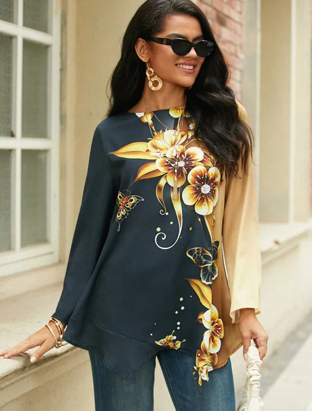 Women's Blouse Long Sleeve Asymmetrical Hem Chiffon Floral Print Long Tops Round Neck Casual Holiday Yellow Blue Green Spring & Fall