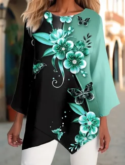 Women's Blouse Long Sleeve Asymmetrical Hem Chiffon Floral Print Long Tops Round Neck Casual Holiday Yellow Blue Green Spring & Fall