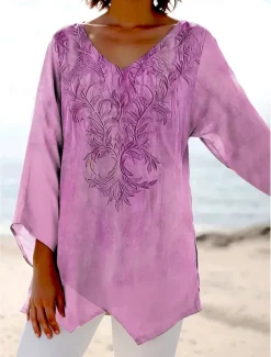Women's Blouse Long Sleeve Asymmetrical Hem Floral Graphic Stylish Ethnic Beach Short Sleeve V Neck Regular Tops Daily Holiday Print Pink Blue Purple Green Summer Spring