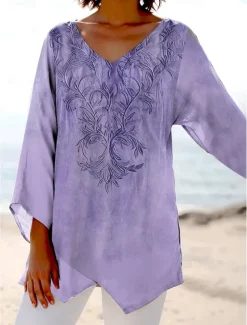 Women's Blouse Long Sleeve Asymmetrical Hem Floral Graphic Stylish Ethnic Beach Short Sleeve V Neck Regular Tops Daily Holiday Print Pink Blue Purple Green Summer Spring