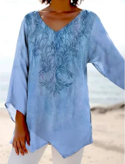 Women's Blouse Long Sleeve Asymmetrical Hem Floral Graphic Stylish Ethnic Beach Short Sleeve V Neck Regular Tops Daily Holiday Print Pink Blue Purple Green Summer Spring