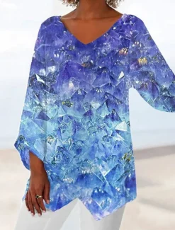 Women's Blouse Long Sleeve Asymmetrical Hem Floral Graphic Hawaiian Stylish Casual V Neck Regular Tops Daily Holiday Going out Print Blue Purple Summer Spring