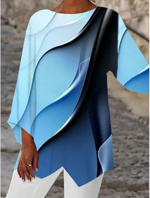 Women's Blouse Long Sleeve Asymmetrical Hem Chiffon Daily Basic Neon & Bright Abstract Print Long Tops Round Neck Casual Blue Fall & Winter