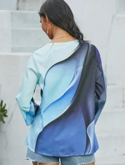 Women's Blouse Long Sleeve Asymmetrical Hem Chiffon Daily Basic Neon & Bright Abstract Print Long Tops Round Neck Casual Blue Fall & Winter