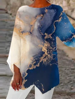 Women's Blouse Long Sleeve Asymmetrical Hem Chiffon Daily Basic Neon & Bright Abstract Print Long Tops Round Neck Casual Light Green Pink Blue Green Beige Fall & Winter