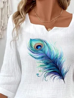 Women's Blouse Print Elegant Bohemia 3/4 Length Sleeve Notched Neck Regular Tops Daily Linen Like Going out Print White Summer