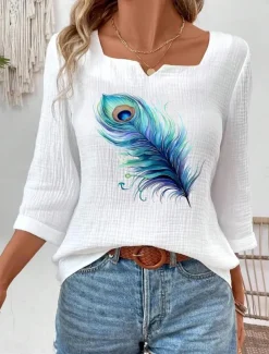 Women's Blouse Print Elegant Bohemia 3/4 Length Sleeve Notched Neck Regular Tops Daily Linen Like Going out Print White Summer