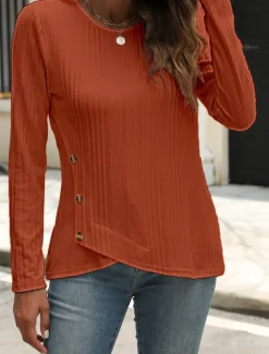 Women's Blouse Solid Color Stylish Casual Long Sleeve Crew Neck Regular Tops Daily Buttons Black White Blue Purple Orange Summer Spring Fall