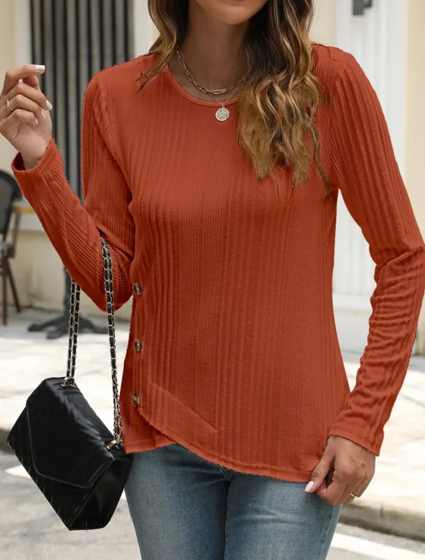 Women's Blouse Solid Color Stylish Casual Long Sleeve Crew Neck Regular Tops Daily Buttons Black White Blue Purple Orange Summer Spring Fall
