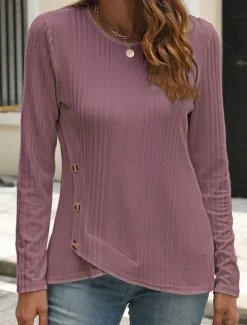 Women's Blouse Solid Color Stylish Casual Long Sleeve Crew Neck Regular Tops Daily Buttons Black White Blue Purple Orange Summer Spring Fall