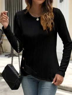 Women's Blouse Solid Color Stylish Casual Long Sleeve Crew Neck Regular Tops Daily Buttons Black White Blue Purple Orange Summer Spring Fall