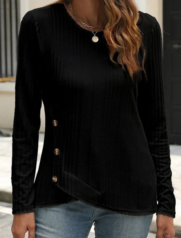 Women's Blouse Solid Color Stylish Casual Long Sleeve Crew Neck Regular Tops Daily Buttons Black White Blue Purple Orange Summer Spring Fall