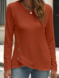 Women's Blouse Solid Color Stylish Casual Long Sleeve Crew Neck Regular Tops Daily Buttons Black White Blue Purple Orange Summer Spring Fall