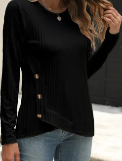 Women's Blouse Solid Color Stylish Casual Long Sleeve Crew Neck Regular Tops Daily Buttons Black White Blue Purple Orange Summer Spring Fall
