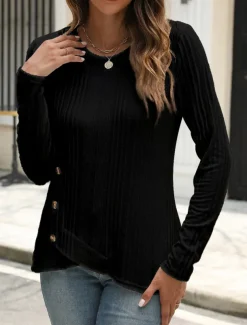 Women's Blouse Solid Color Stylish Casual Long Sleeve Crew Neck Regular Tops Daily Buttons Black White Blue Purple Orange Summer Spring Fall