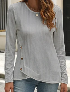 Women's Blouse Solid Color Stylish Casual Long Sleeve Crew Neck Regular Tops Daily Buttons Black White Blue Purple Orange Summer Spring Fall