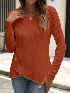Women's Blouse Solid Color Stylish Casual Long Sleeve Crew Neck Regular Tops Daily Buttons Black White Blue Purple Orange Summer Spring Fall
