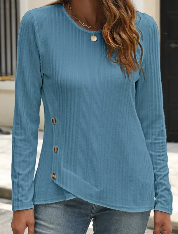 Women's Blouse Solid Color Stylish Casual Long Sleeve Crew Neck Regular Tops Daily Buttons Black White Blue Purple Orange Summer Spring Fall