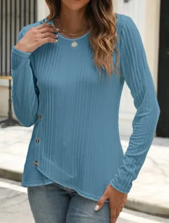 Women's Blouse Solid Color Stylish Casual Long Sleeve Crew Neck Regular Tops Daily Buttons Black White Blue Purple Orange Summer Spring Fall