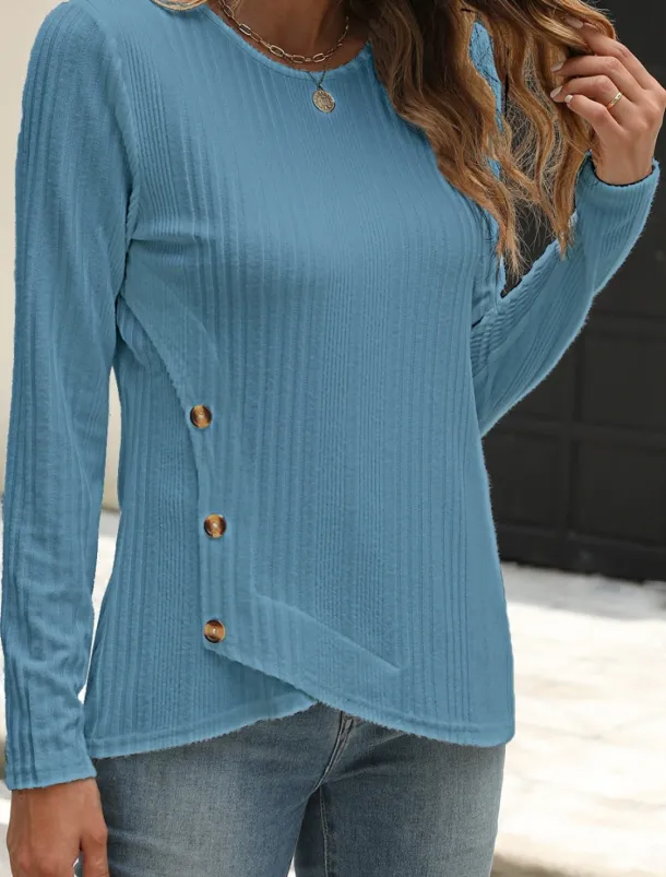 Women's Blouse Solid Color Stylish Casual Long Sleeve Crew Neck Regular Tops Daily Buttons Black White Blue Purple Orange Summer Spring Fall