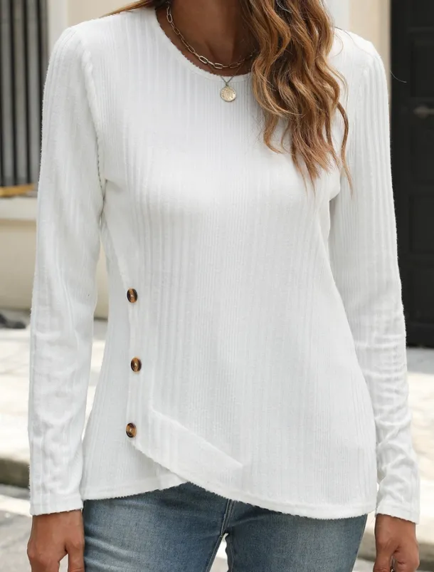 Women's Blouse Solid Color Stylish Casual Long Sleeve Crew Neck Regular Tops Daily Buttons Black White Blue Purple Orange Summer Spring Fall