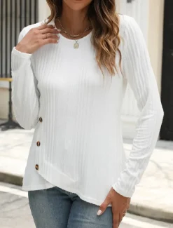 Women's Blouse Solid Color Stylish Casual Long Sleeve Crew Neck Regular Tops Daily Buttons Black White Blue Purple Orange Summer Spring Fall