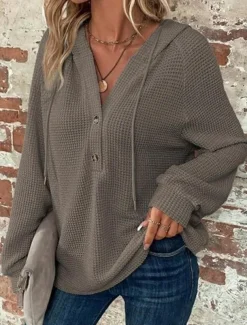 Women's Blouse Solid Color Stylish Casual Long Sleeve Hooded Regular Tops Daily Buttons Black Army Green Navy Blue Blue Brown Spring Fall Winter