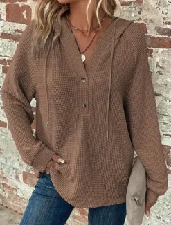 Women's Blouse Solid Color Stylish Casual Long Sleeve Hooded Regular Tops Daily Buttons Black Army Green Navy Blue Blue Brown Spring Fall Winter