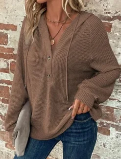 Women's Blouse Solid Color Stylish Casual Long Sleeve Hooded Regular Tops Daily Buttons Black Army Green Navy Blue Blue Brown Spring Fall Winter