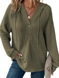 Women's Blouse Solid Color Stylish Casual Long Sleeve Hooded Regular Tops Daily Buttons Black Army Green Navy Blue Blue Brown Spring Fall Winter