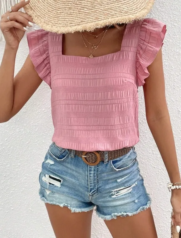 Women's Blouse Solid Color Daily Ladies Stylish Short Sleeve Square Neck Regular Tops Daily Holiday Going out Ruffle Patchwork Black White Pink Red Blue Summer Spring