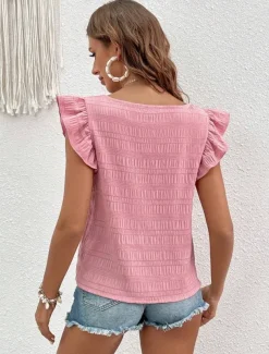 Women's Blouse Solid Color Daily Ladies Stylish Short Sleeve Square Neck Regular Tops Daily Holiday Going out Ruffle Patchwork Black White Pink Red Blue Summer Spring