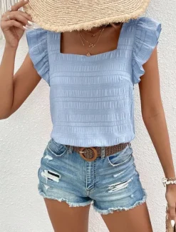 Women's Blouse Solid Color Daily Ladies Stylish Short Sleeve Square Neck Regular Tops Daily Holiday Going out Ruffle Patchwork Black White Pink Red Blue Summer Spring
