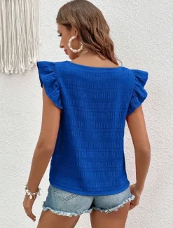 Women's Blouse Solid Color Daily Ladies Stylish Short Sleeve Square Neck Regular Tops Daily Holiday Going out Ruffle Patchwork Black White Pink Red Blue Summer Spring