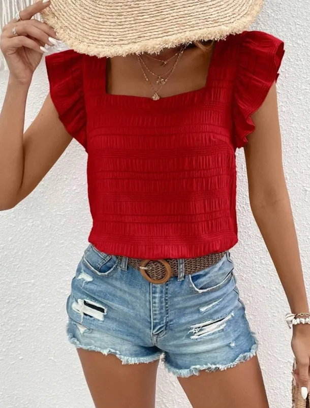 Women's Blouse Solid Color Daily Ladies Stylish Short Sleeve Square Neck Regular Tops Daily Holiday Going out Ruffle Patchwork Black White Pink Red Blue Summer Spring