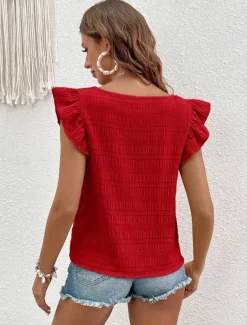 Women's Blouse Solid Color Daily Ladies Stylish Short Sleeve Square Neck Regular Tops Daily Holiday Going out Ruffle Patchwork Black White Pink Red Blue Summer Spring