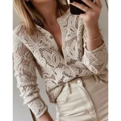 Women's Blouse Solid Color Basic Casual Long Sleeve Crew Neck Regular Tops Daily Hollow Out Buttons Khaki Fall Winter