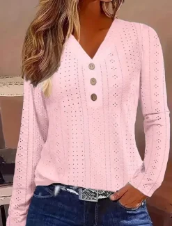 Women's Blouse Solid Color Vintage Tropical Stylish Long Sleeve V Neck Regular Tops Daily Buttons Eyelet White Yellow Pink Blue Prefall