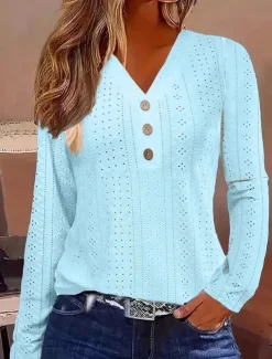 Women's Blouse Solid Color Vintage Tropical Stylish Long Sleeve V Neck Regular Tops Daily Buttons Eyelet White Yellow Pink Blue Prefall