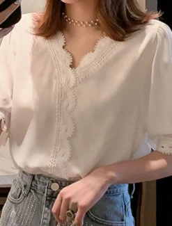 Women's Blouse Solid Color Stylish Basic Casual Short Sleeve Shirt Collar Regular Tops Daily Patchwork Buttons Lace Trim White Summer