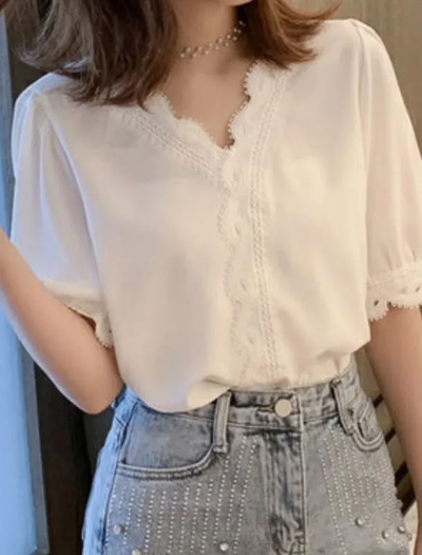 Women's Blouse Solid Color Stylish Basic Casual Short Sleeve Shirt Collar Regular Tops Daily Patchwork Buttons Lace Trim White Summer