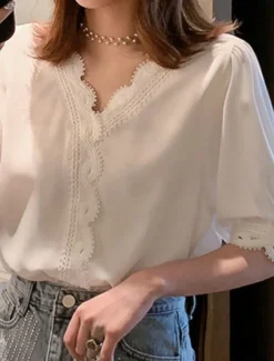 Women's Blouse Solid Color Stylish Basic Casual Short Sleeve Shirt Collar Regular Tops Daily Patchwork Buttons Lace Trim White Summer