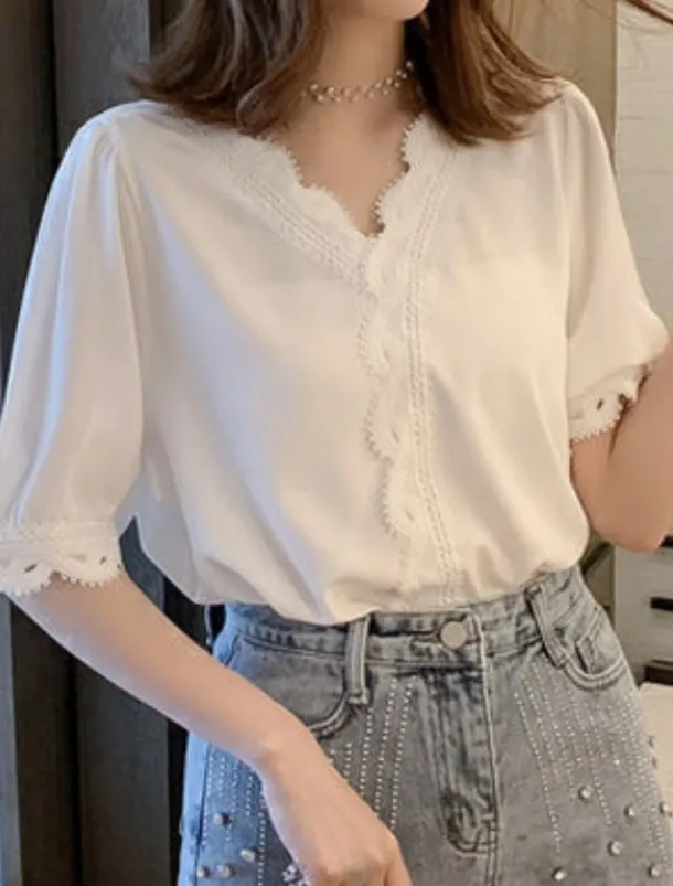 Women's Blouse Solid Color Stylish Basic Casual Short Sleeve Shirt Collar Regular Tops Daily Patchwork Buttons Lace Trim White Summer