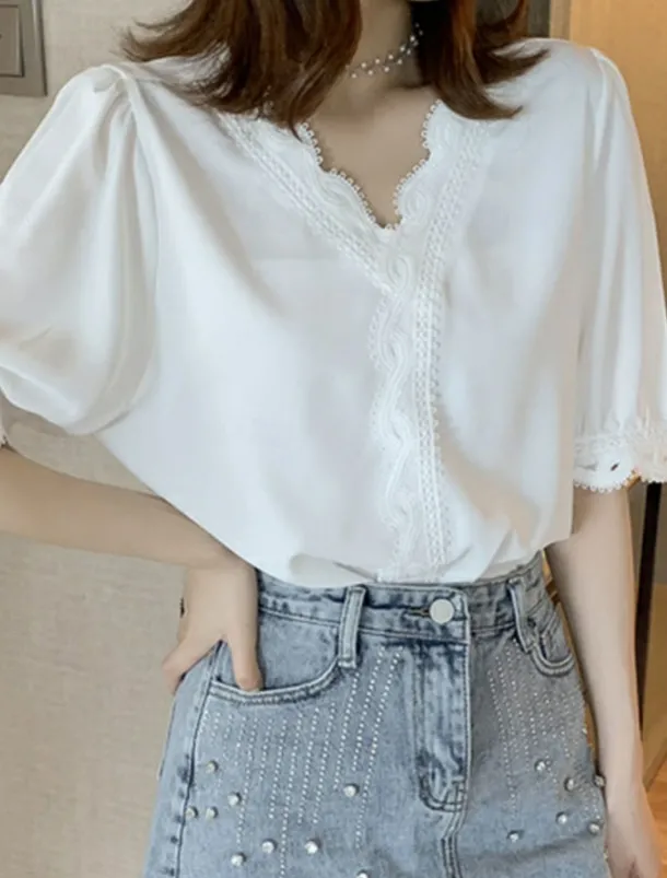 Women's Blouse Solid Color Stylish Basic Casual Short Sleeve Shirt Collar Regular Tops Daily Patchwork Buttons Lace Trim White Summer