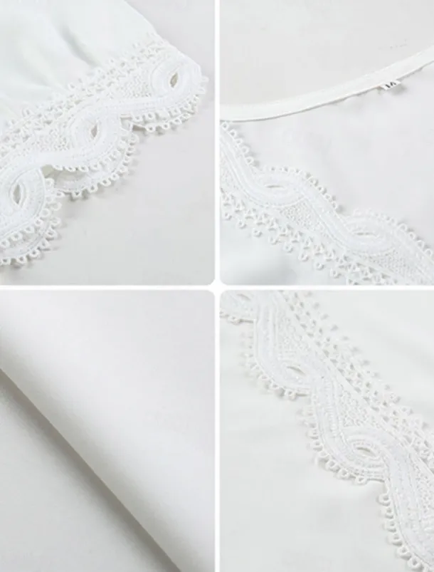 Women's Blouse Solid Color Stylish Basic Casual Short Sleeve Shirt Collar Regular Tops Daily Patchwork Buttons Lace Trim White Summer