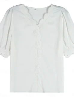 Women's Blouse Solid Color Stylish Basic Casual Short Sleeve Shirt Collar Regular Tops Daily Patchwork Buttons Lace Trim White Summer