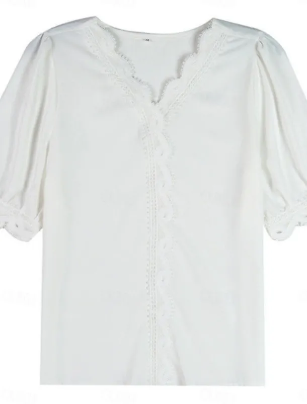 Women's Blouse Solid Color Stylish Basic Casual Short Sleeve Shirt Collar Regular Tops Daily Patchwork Buttons Lace Trim White Summer