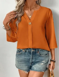 Women's Blouse Solid Color Stylish Casual 3/4 Length Sleeve V Neck Regular Tops Daily Holiday Buttons Black White Orange Summer Spring