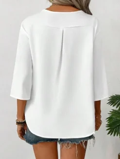Women's Blouse Solid Color Stylish Casual 3/4 Length Sleeve V Neck Regular Tops Daily Holiday Buttons Black White Orange Summer Spring
