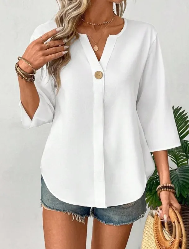 Women's Blouse Solid Color Stylish Casual 3/4 Length Sleeve V Neck Regular Tops Daily Holiday Buttons Black White Orange Summer Spring